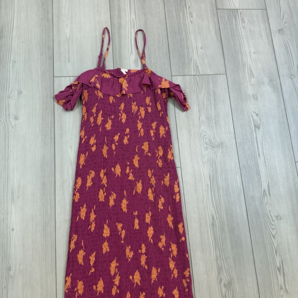 By Anthropologie XS Off-The-Shoulder Smocked Midi Dress Pink Orange Floral - Picture 3 of 13